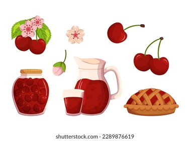 El Cherry Berry Foods Set, Productos Elegibles Elaborados A Base De Frutos Escogidos A Mano, Que Garantizan Frescura Y Calidad, Incluye Mermelada O Conservación De Jelly, Bebida De Fruta Elaborada Con Cerezas. Ilustración del vector de dibujos animados
