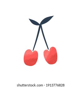 Cherry Berry Fruit Clip-art Isolated On White Background. Flat Vector Paper Cut Brush Textured Veggie Illustration Bright Coloured Summer Fruity Art Print For Kids