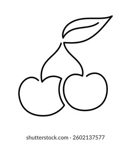 Cherry berry fruit illustration. Single line icon. Line art double Cherry. One line twins Cherry illustration. Vector Outline fruit isolated on white background