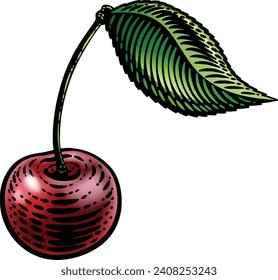 Cherry berry fruit illustration in a vintage retro woodcut etching style.