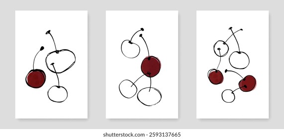 Cherry Berry Hand Drawn Minimal Abstract Wall Art Background Set. Collage Contemporary Cherry Design for Wall Art, Cover, Poster, Banner. Minimalist Fashionable Template Set for Modern Design. Not AI