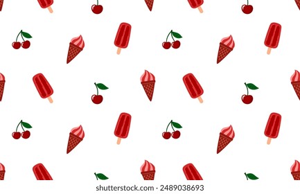 Cherry berry ice cream seamless pattern. Summer sweets and desserts with the taste of Cherry. Flat Vector illustration isolated on white background