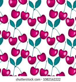 Cherry berry isolated on white background. Vector Seamless pattern.