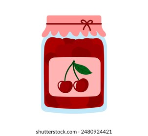 Mermelada de cereza. Frasco de vidrio de mermelada de bayas conservadas, confitura de bayas en botella. Ilustración vectorial plana aislada sobre fondo blanco