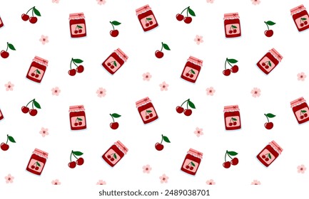 Cherry berry jam seamless pattern. Glass jar of preserved berry jam, berry confiture. Fruit cherry jam background. Burgundy cherries and flowers. Juicy summer berries. Flat Vector illustration