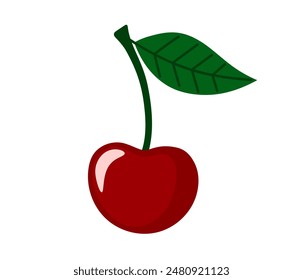 Cherry berry. Juicy ripe cherries with leaves. Summer berries. Flat Vector illustration isolated on white background