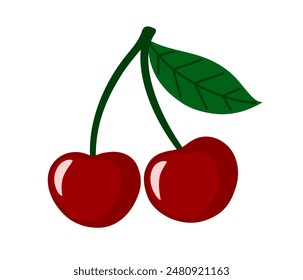 Cherry berry. Juicy ripe cherries with leaves. Summer berries. Flat Vector illustration isolated on white background