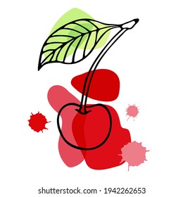 Cherry berry with leaf hand drawn sketch isolated on brigth background. Outline vector illustration. Farmers' Market Logo Banner. Organic food eco template for menu, jam and juice label, tea banner.