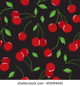 Kirschbeere mit Blättern einzeln auf schwarzem Hintergrund. Vektor nahtlose Muster von verschiedenen frischen Kirschen. Nette Illustration für Magazin oder Buch, Poster und Karte, Menüabdeckung, Webseiten verwendet.