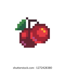 cherry berry logo pixel art icon. Isolated vector illustration. Game assets 8-bit sprite. Design for stickers, web, mobile app.
