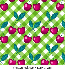 Cherry berry on green a checkered vichy background. Vector Seamless pattern.