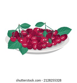 Cherry berry on plate. Sweet tasty food and snack. Natural product suitable for vegetarians. A source of vitamins and allergies. Vector flat illustration