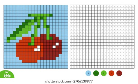 Color de píxel de cereza por página de número para niños. Actividad educativa para niños de preescolar y jardín de infantes para aprender números y colores. Diseño de cuadrícula cuadrada simple sobre frutas y verduras