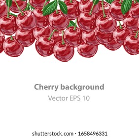 Cherry berry red fruit summer background. Horizontal seamless border. Drawing Floral Cherry frame. Vector illustration.