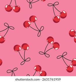 Cherry berry seamless pattern. Juicy summer vector background with cherries and bows. Fruity sweet food illustration allover repeat print. Bright yummy wallpaper