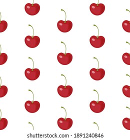 Curva de cerezo sin fisuras con hojas para envolver papel, imprimir, anotar en un fondo blanco. Ilustración plana vectorial con diferentes elementos rojos y verdes para primavera y verano