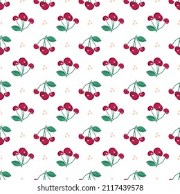 Cherry berry seamless pattern with leaves, print on white background. Vector flat illustration with different red and green elements for spring and summer