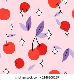 Cherry berry seamless pattern on pink background. Retro comic 80s vector design.