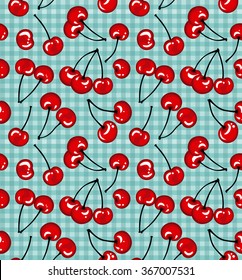 Cherry Berry Seamless Pattern on a Checkered Background. Cherries Texture