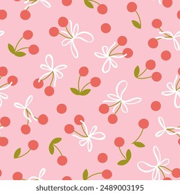 Cherry berry seamless vector pattern with white ribbon bows in simple hand drawn cartoon kawaii style. Pastel palette, pink background. Ideal for printing baby textiles, clothes, packaging