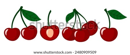 Cherry berry set. Juicy ripe cherries with leaves. Summer berries. Flat Vector illustration isolated on white background