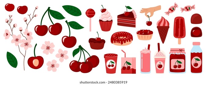 Cherry berry set. Summer refreshing drinks, sweets and desserts with taste of cherry.  Cherry with leaves and flowers. Flat Vector illustration isolated on white background