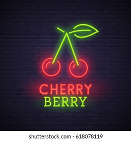 Cherry berry sign. bright signboard, light banner. Cherry logo, emblem. 