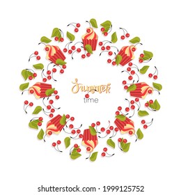 Cherry berry. Sweet cupcake, ripe berries in a round frame. Collection of different ripe berry.