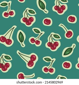 Cherry Berry vector seamless pattern colorful illustration juice bright retro vintage stroke flat