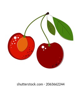 Cerezo entero y cortar uno. Fresas jugosas y maduras con hojas verdes. Cereza para mermelada y postre. Ilustración vectorial de estilo plano.