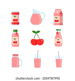 Cherry Beverage in Can,Plastic Cup and Glass Cup Isolated on White Background,Drink - Juice and Smoothie