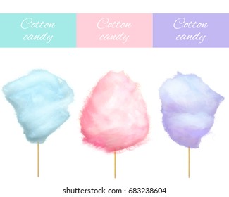 Cherry bilberry and blueberry cotton candies vector illustrations isolated on white. Sweet tasty desserts for children in graphic design