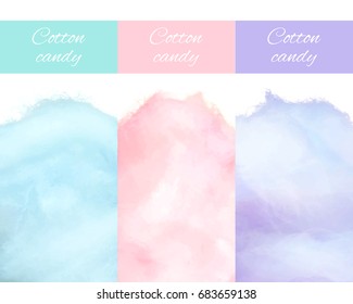 Cherry bilberry and blueberry cotton candies vector illustrations closeup isolated on white. Sweet tasty desserts for children in graphic design