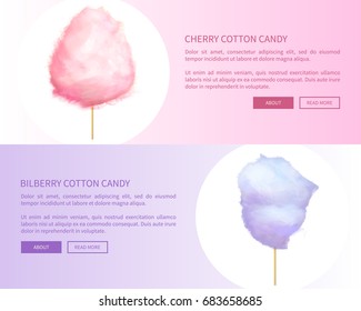 Pancartas web de cerezos y bombones de algodón con lugar para texto. Dulce postres sabrosos para niños de diseño gráfico