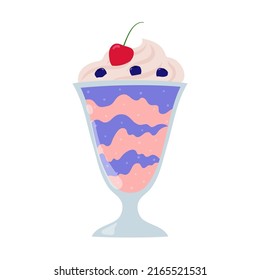 Cherry and bilberry milkshake. Cartoon summer dessert with cream. Isolated vector illustration. 