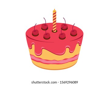 Cherry birthday cake vector. Cake with pink icing vector. Cherry cake icon isolated on a white background. Fruit dessert with candle icon. Birthday pink cake with candle cartoon