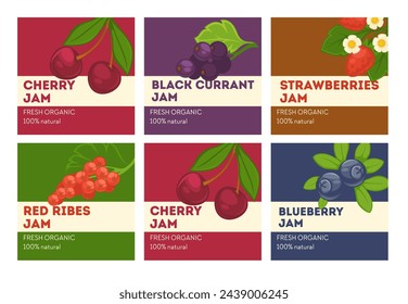 Cherry and black currant, strawberries and red ribes, blueberry jam logos. Dessert and addition to dishes and pastry. Product label or logotype, sticker or emblem for package. Vector in flat style