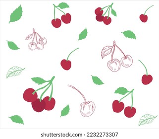 cherry black line drawn on a white background. Vector drawing of fruits. Abstract stains. Colorful cherryies.