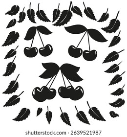 Cherry black vector. Silhouette fruit icon. Leaf border frame. Monochrome berry shape.