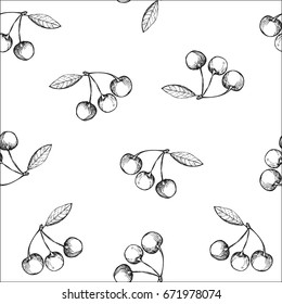 Cherry black and white sketch seamless pattern. Vector hand drawn illustration.