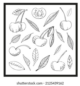 Cherry black and white vector illustration set. For all your designs and decors. Suitable for making patterns, postcards, labels, packaging, covers and more.