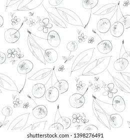 Cherry bloom hand drawn outline seamless pattern. Ink pen berries and flowers sketch. Delicious organic dessert decorative background. Botanical wallpaper, wrapping paper lineart style design