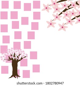 Kirschblüte abstrakte Illustration mit Kirschblütenbaum und Kirschblütenzweig auf weißem Hintergrund mit rosafarbenen Quadraten.