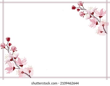 The cherry blossom arrangement is very beautiful with a pink and white background as a design frame, card, invitation