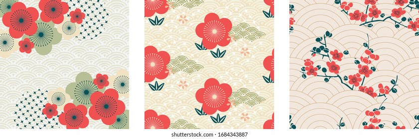 Cherry Blossom Background With Japanese Flower Pattern Vector. Floral Template In Vintage Style.