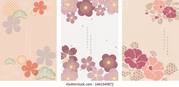 Cherry blossom background with Japanese icons elements. Japanese template vector.