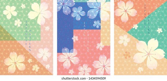 Cherry blossom background with Japanese pattern vector. Flower template.