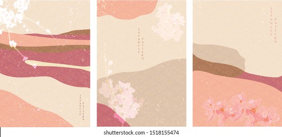 Cherry blossom background with Japanese wave pattern vector. Landscape template with flower elements.