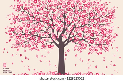 Cherry blossom background with pink sakura tree on white for Chinese New Year design. Vector illustration. Hieroglyph translation - blessing, good luck.