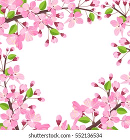 Cherry blossom background. Pink spring flowers frame. Cartoon style vector illustration